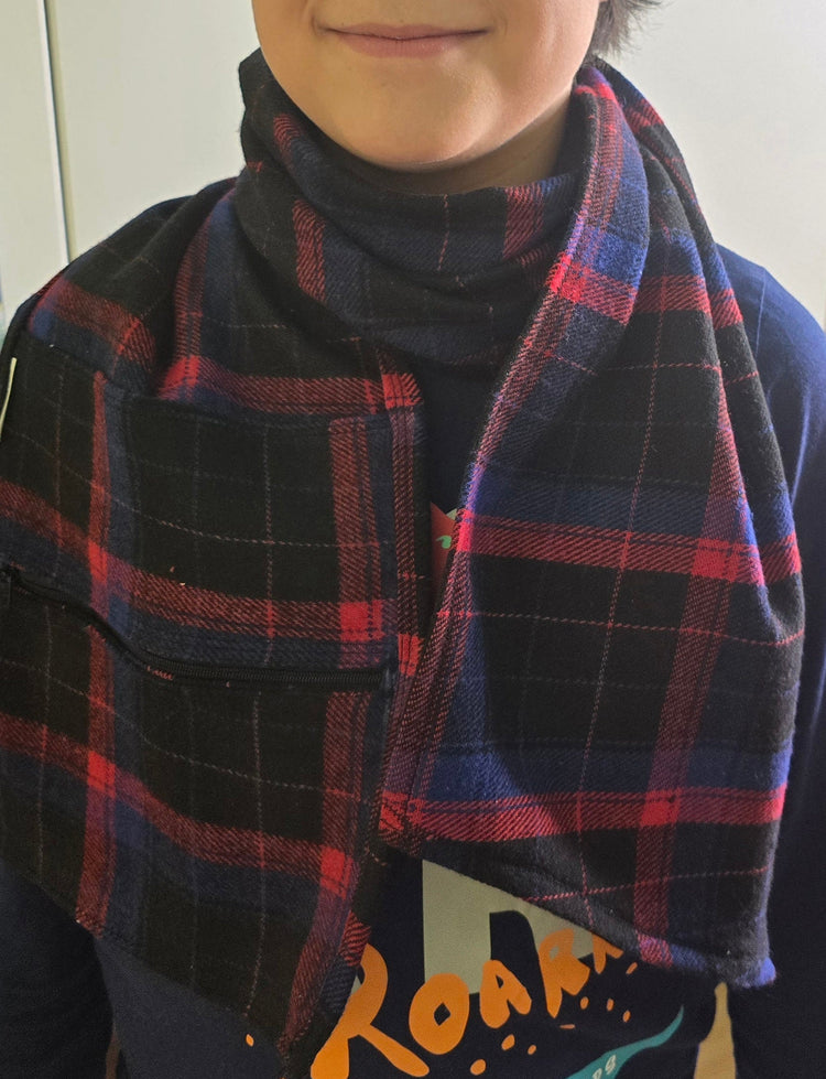 Pocket Scarf/Wrap for Kids with hidden secure pocket, versatile travel accessory for children