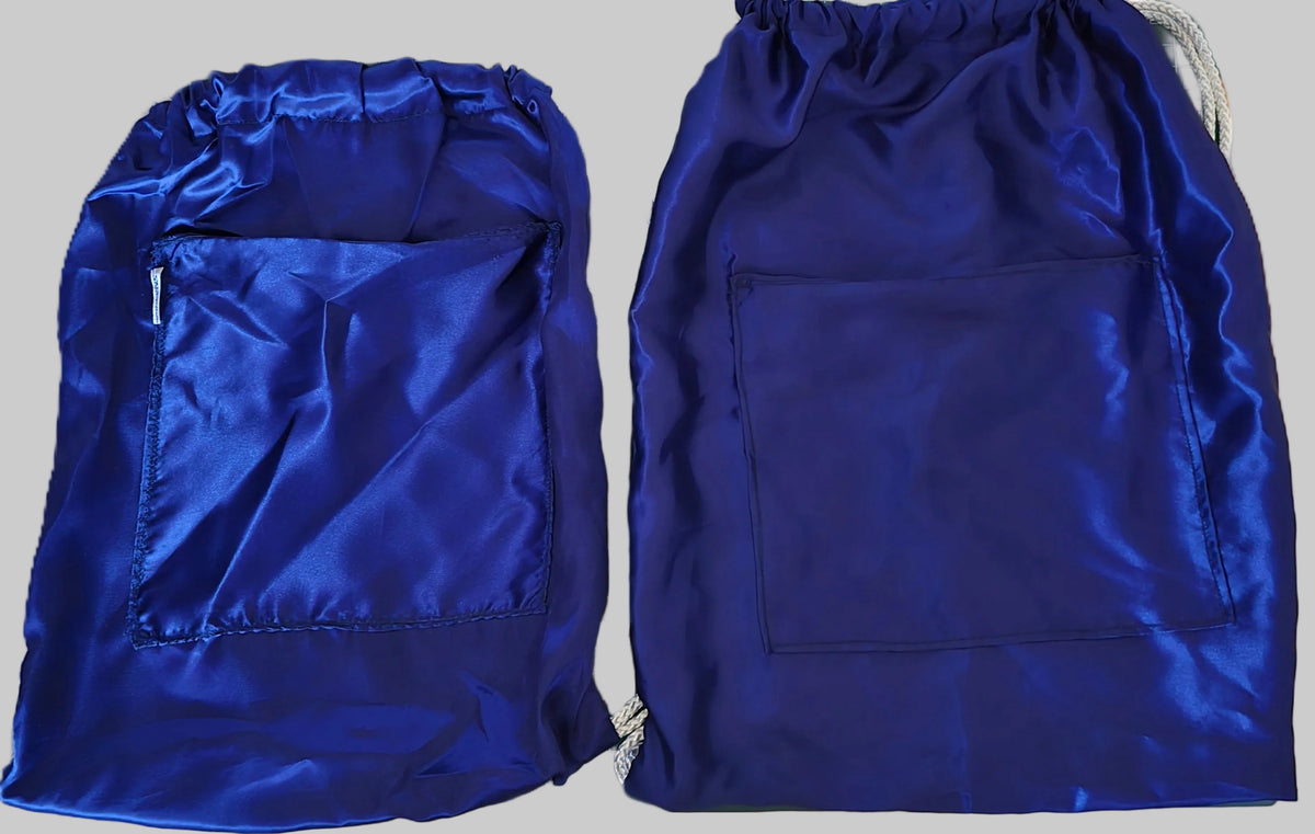 Kids' and adult satin drawstring bags side by side for size comparison.