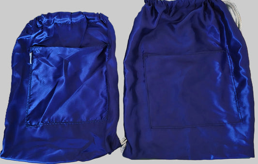 Kids' and adult satin drawstring bags side by side for size comparison.